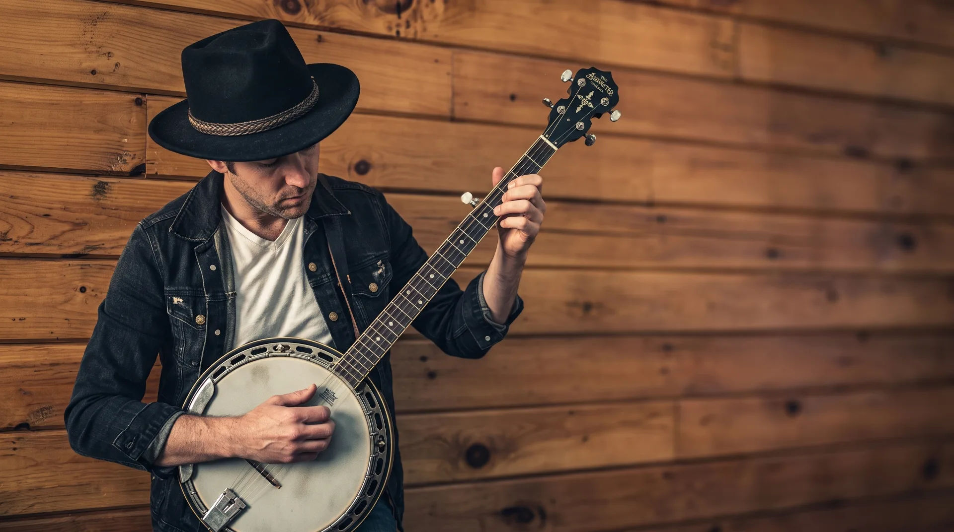 Man in a black hat playing a banjo against a wooden wall