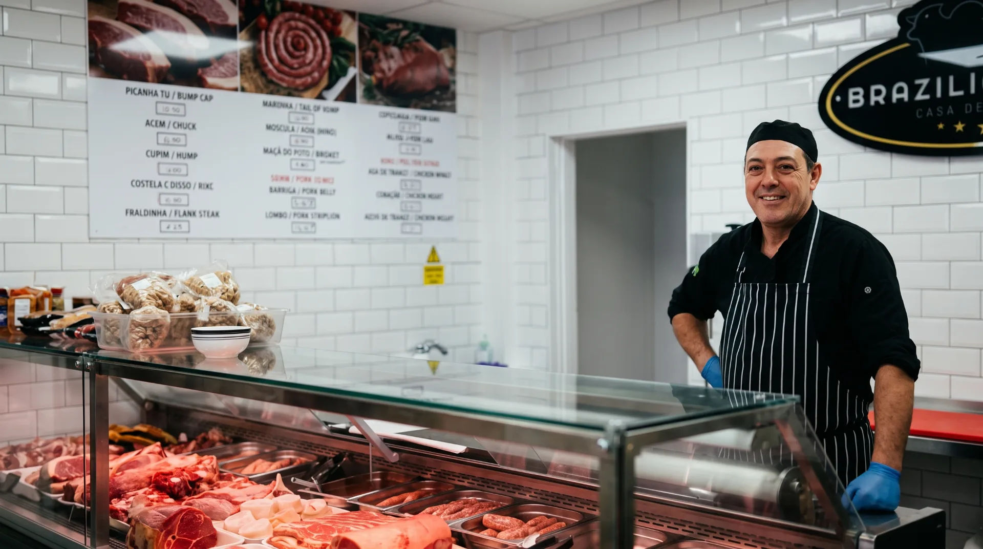 A smiling chef in a black apron stands behind a glass counter filled with various cuts of meat, with a menu on the wall behind.