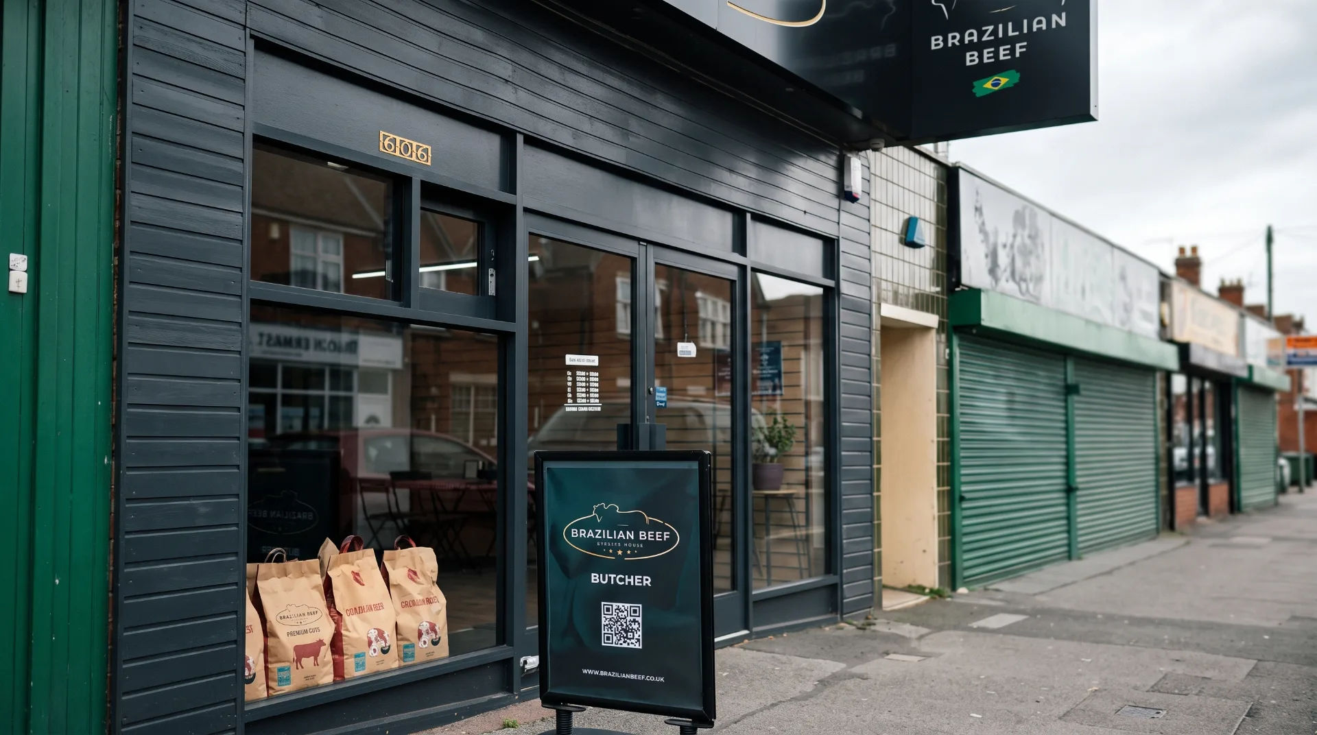 Exterior of Brazilian Beef butcher shop on Wimborne Road, featuring a sign and bags of meat in the window