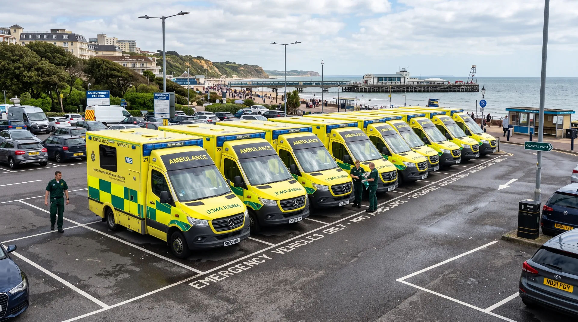 Several ambulances parked in a lot near the seafront, with paramedics attending to an emergency.