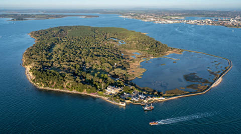 Aerial view of Brownsea Island with trees and water