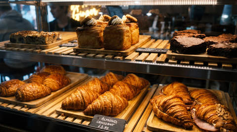 A variety of pastries including croissants and brownies in a display case