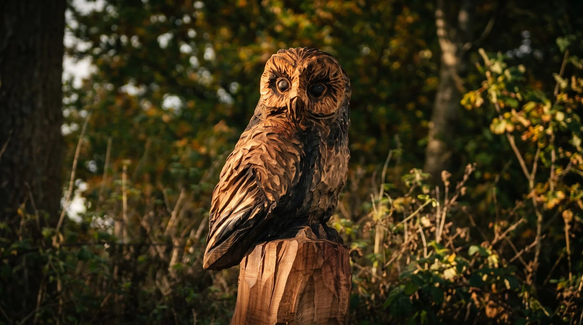Intricately carved wooden owl perched on a stump, surrounded by greenery and autumn foliage.