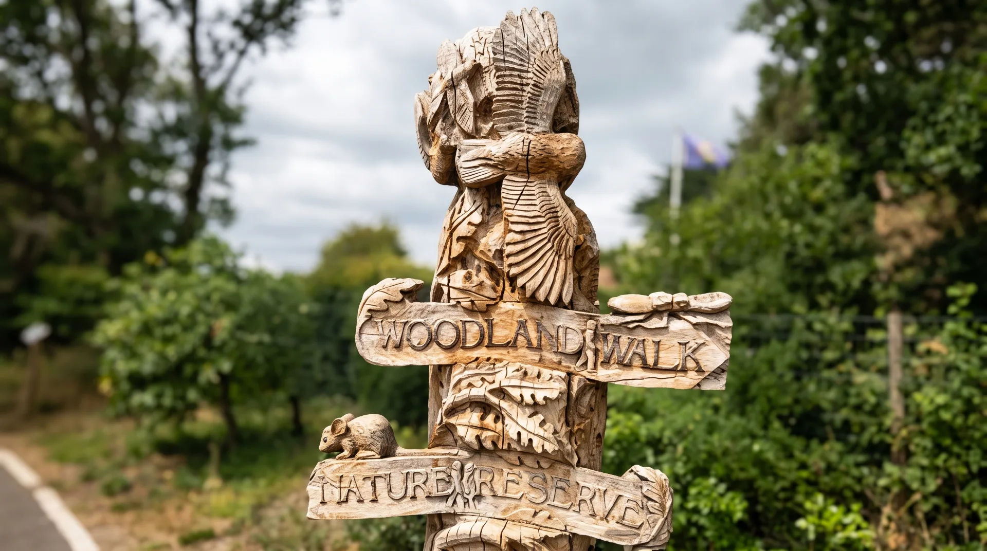Intricately carved wooden signpost for Woodland Walk and Nature Reserve with natural surroundings