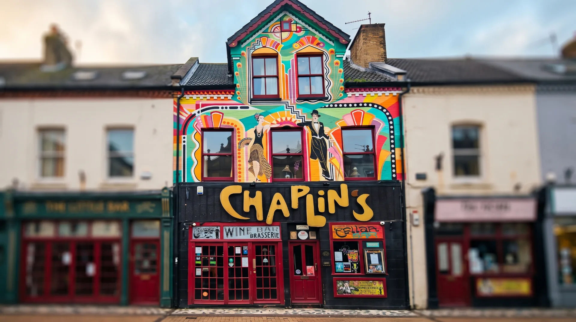 Colourful exterior of Chaplin's Bar featuring vibrant murals and large signage