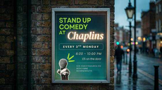 Sign for stand-up comedy event at Chaplins, Boscombe