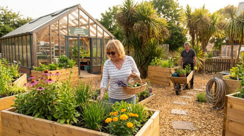 Woman tending to plants with a basket in a community garden