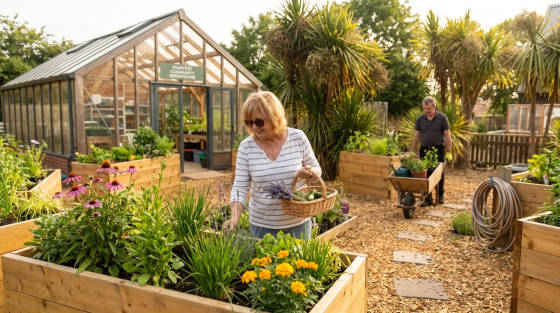 Woman tending to plants with a basket in a community garden