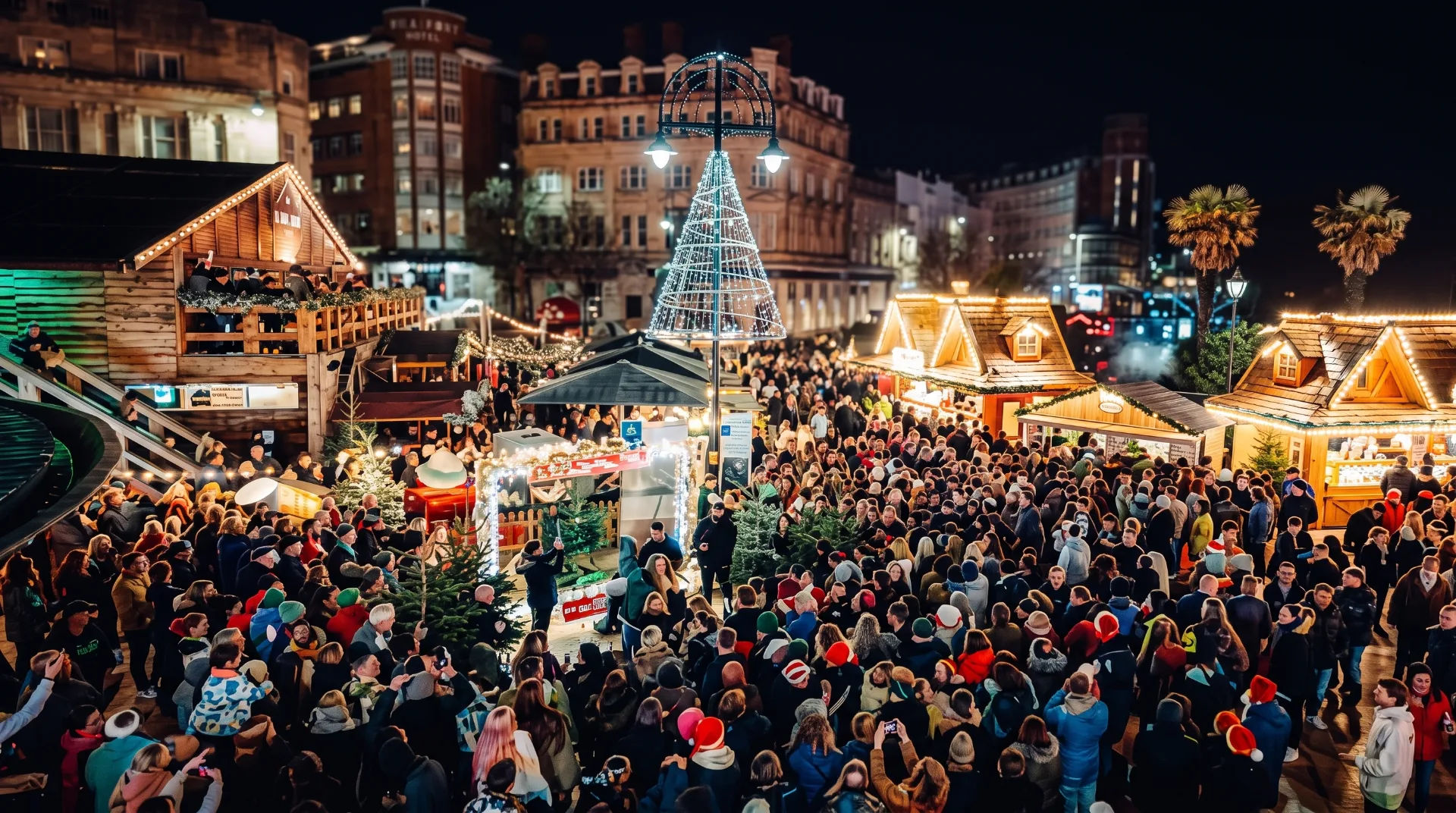 A bustling Christmas market at night, with crowds, festive lights, and wooden stalls decorated for the season.
