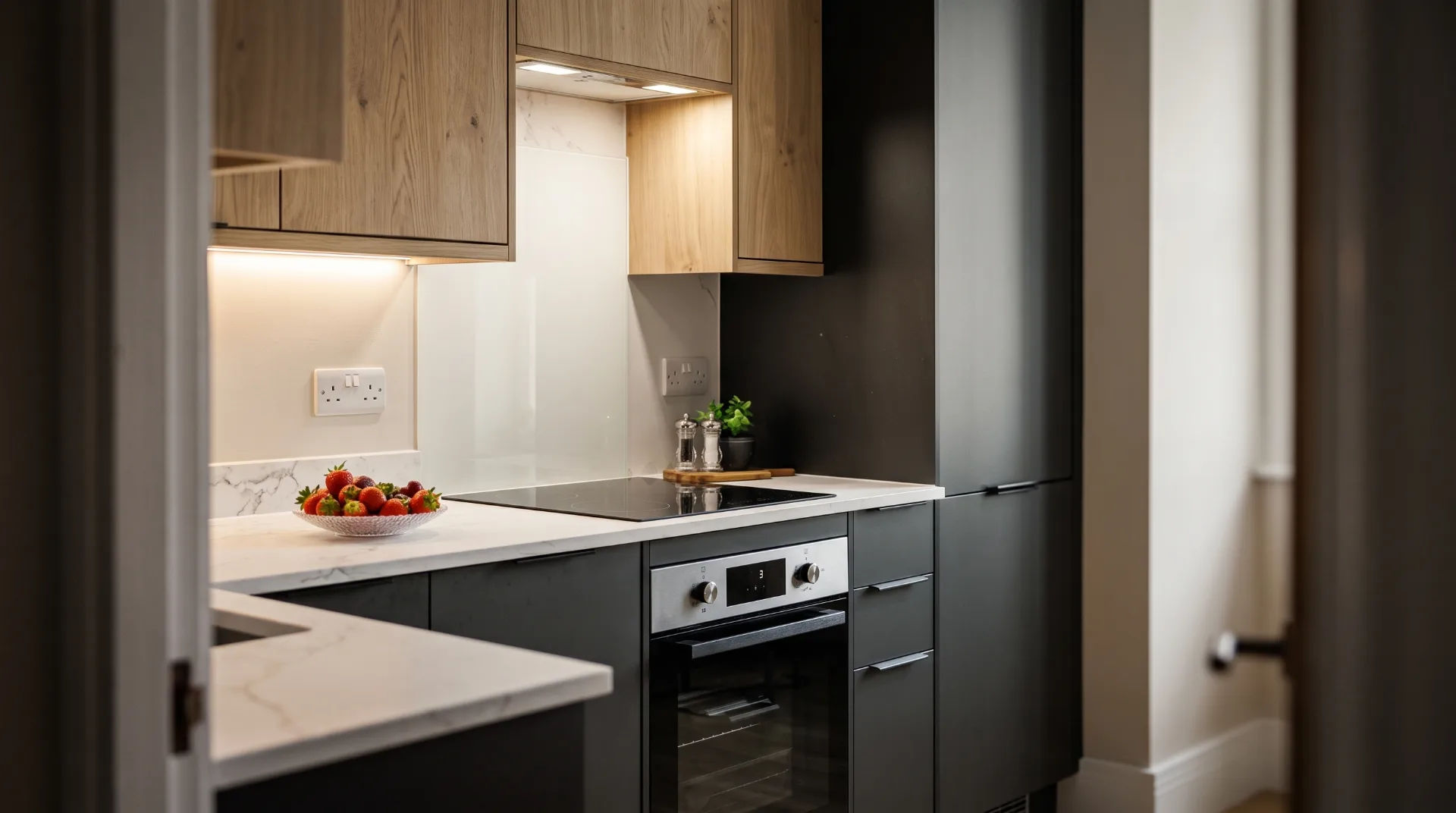 Modern kitchen with grey cabinets, marble countertop, and a bowl of strawberries