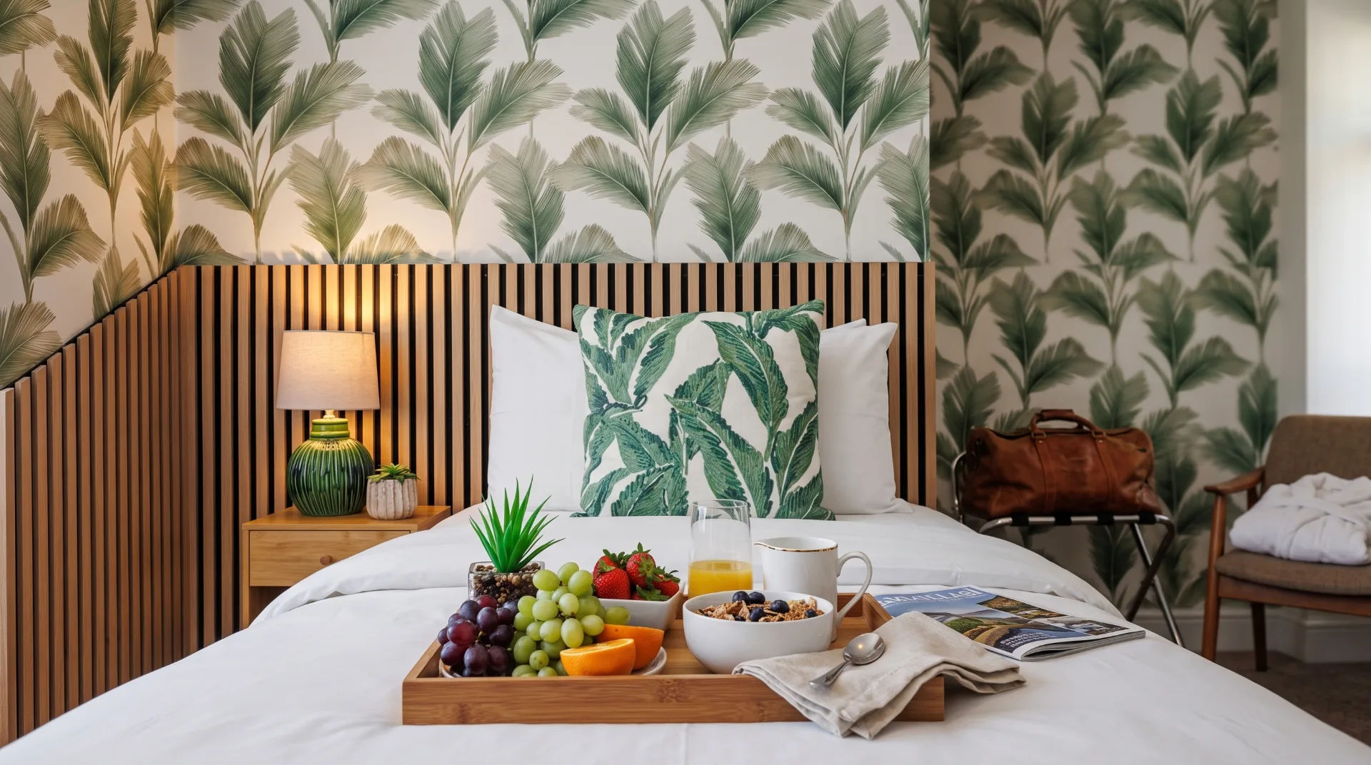 Stylish bedroom with leafy wallpaper, a wooden headboard, and a breakfast tray featuring fruit and drinks