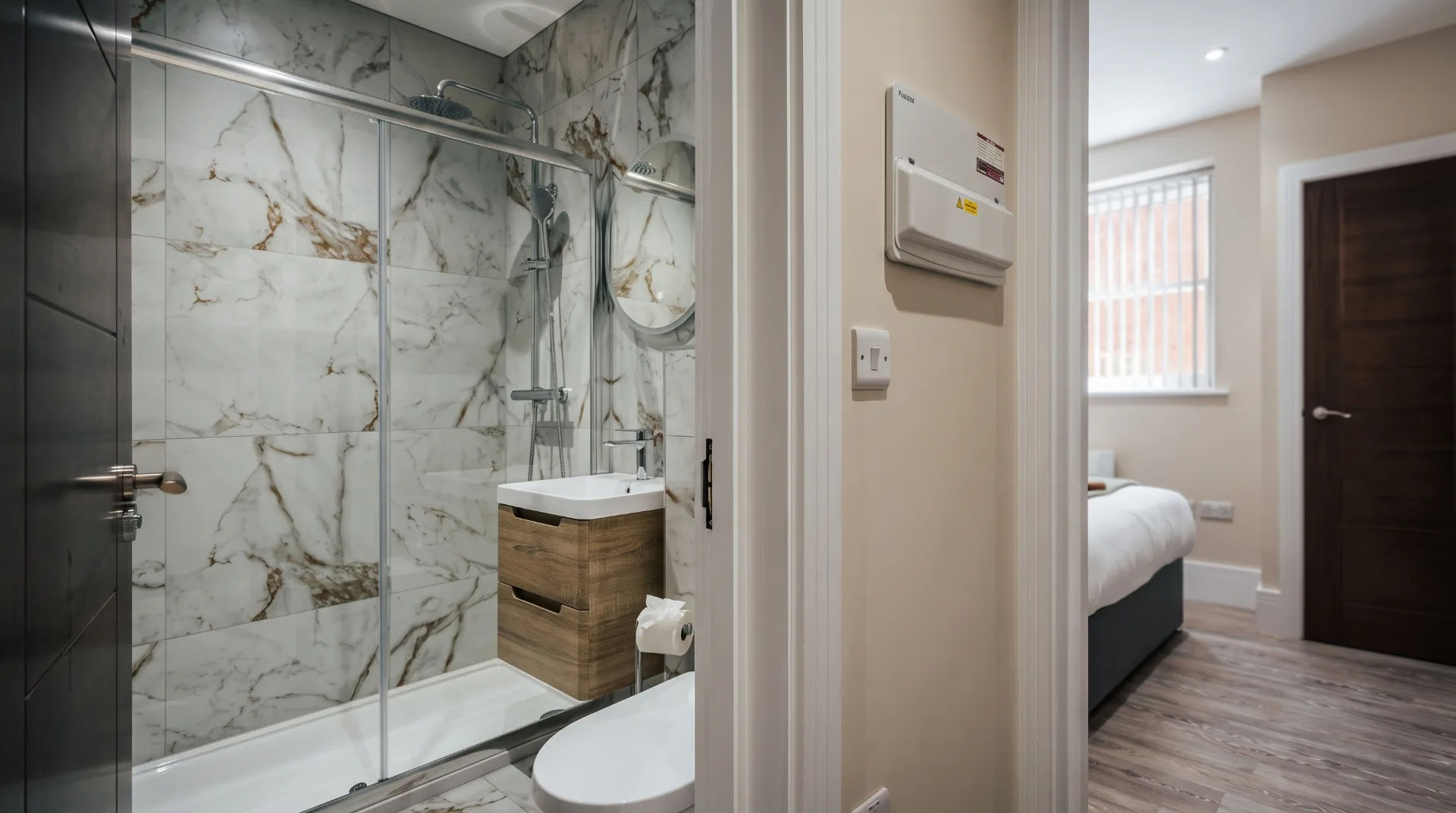 Modern bathroom featuring marble tiles, a shower, and a wooden cabinet, with a glimpse of a bedroom through the doorway.