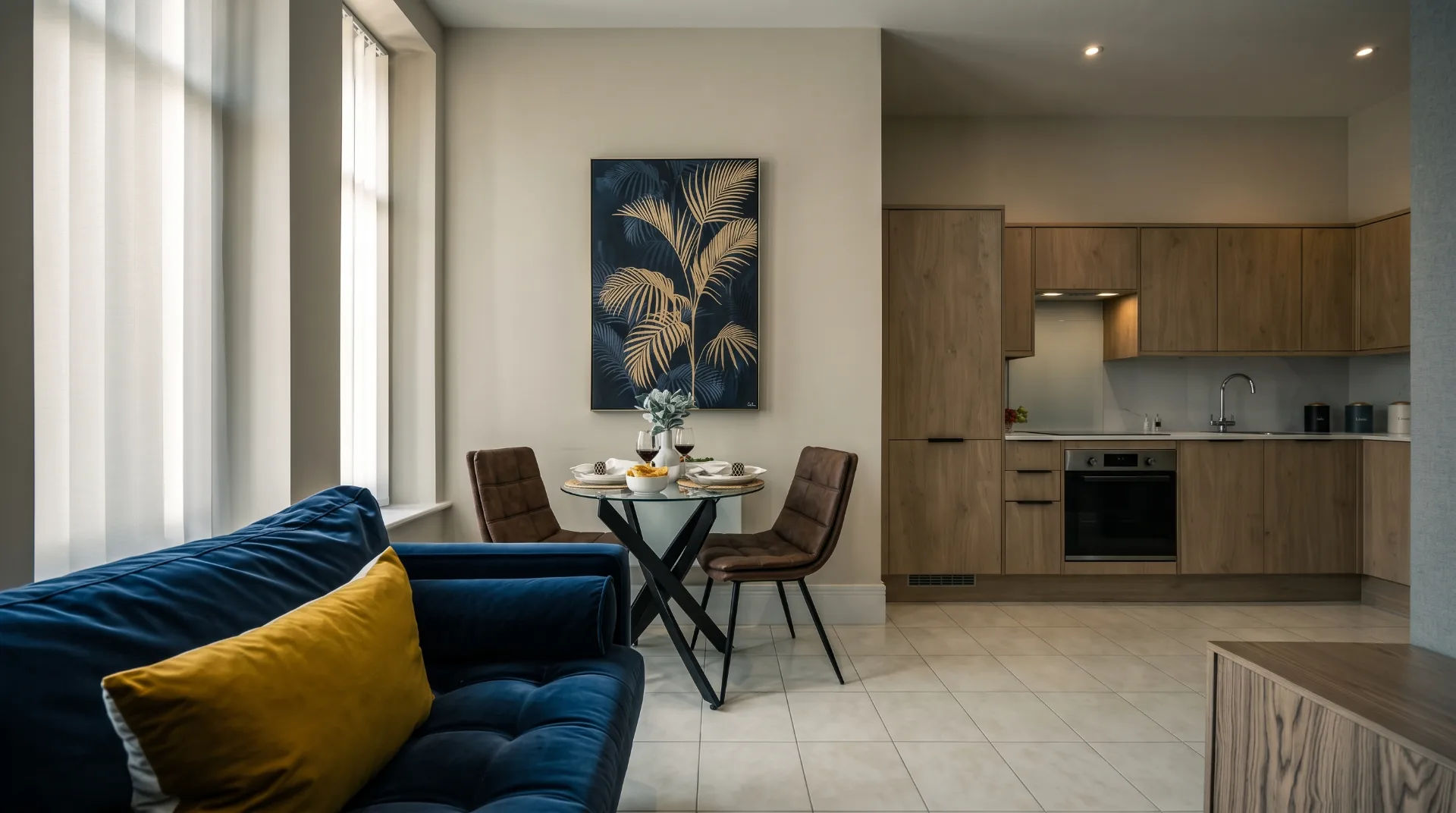 Stylish living area with blue sofa, dining table, and modern kitchen in a bright apartment