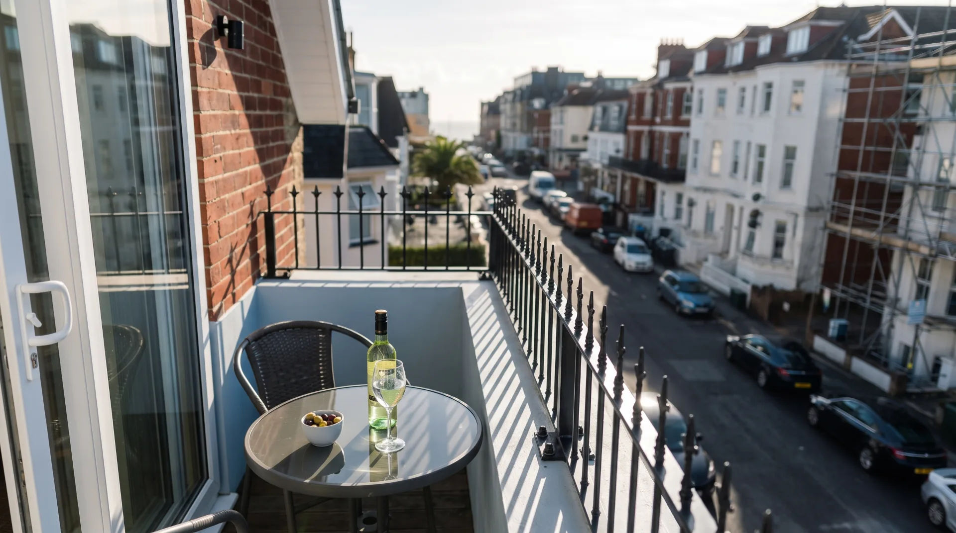 A balcony with a glass of wine and olives overlooking a street in Bournemouth with parked cars and buildings.