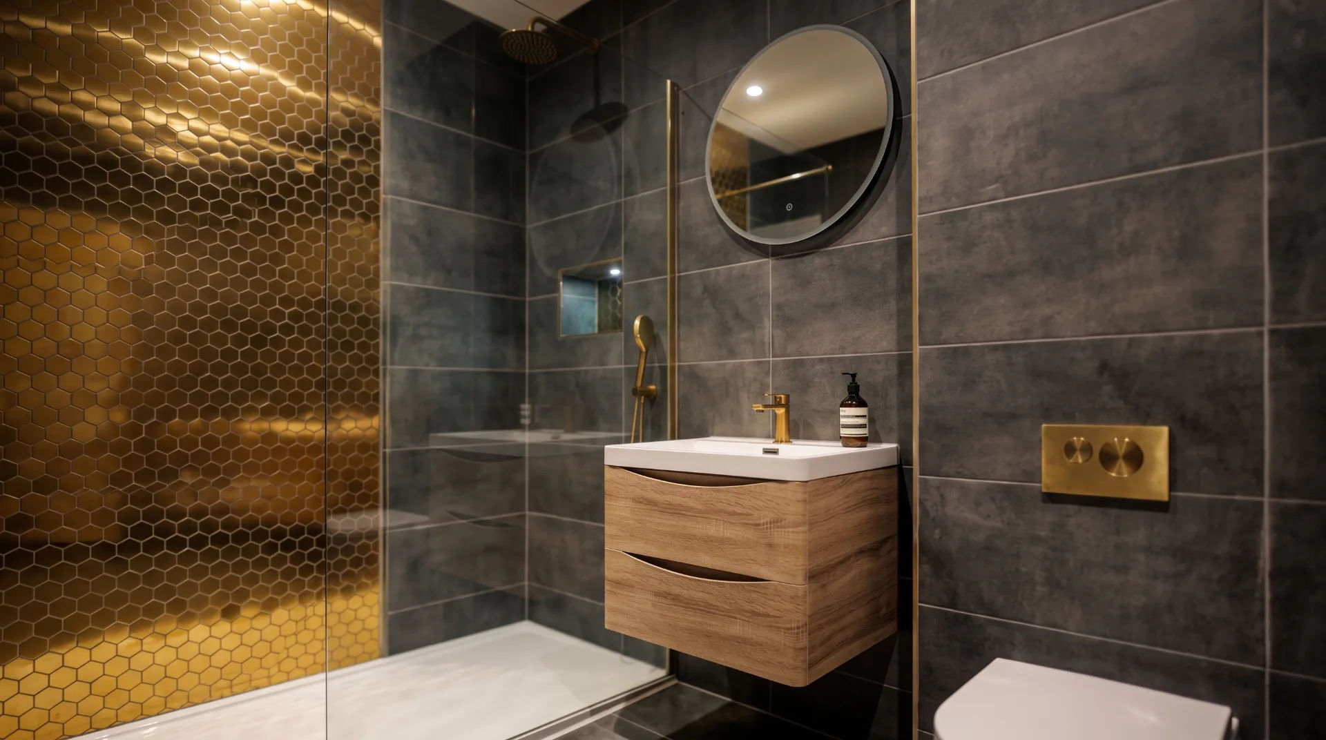 Modern bathroom featuring grey tiles, a wooden vanity, round mirror, and gold accents.