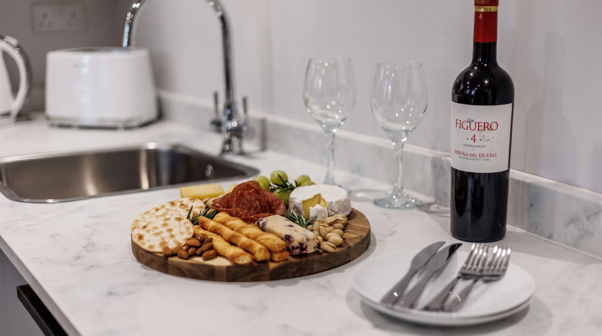 A wooden platter with cheese, cured meats, and nuts next to a bottle of red wine and glasses on a marble countertop