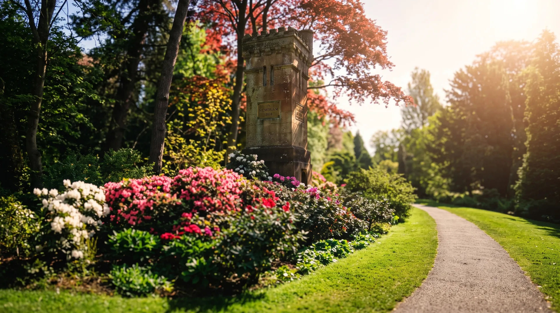 A stone memorial surrounded by vibrant flower beds in a sunlit garden pathway.