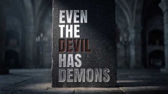 Engraved stone with the words 'Even the Devil has Demons'