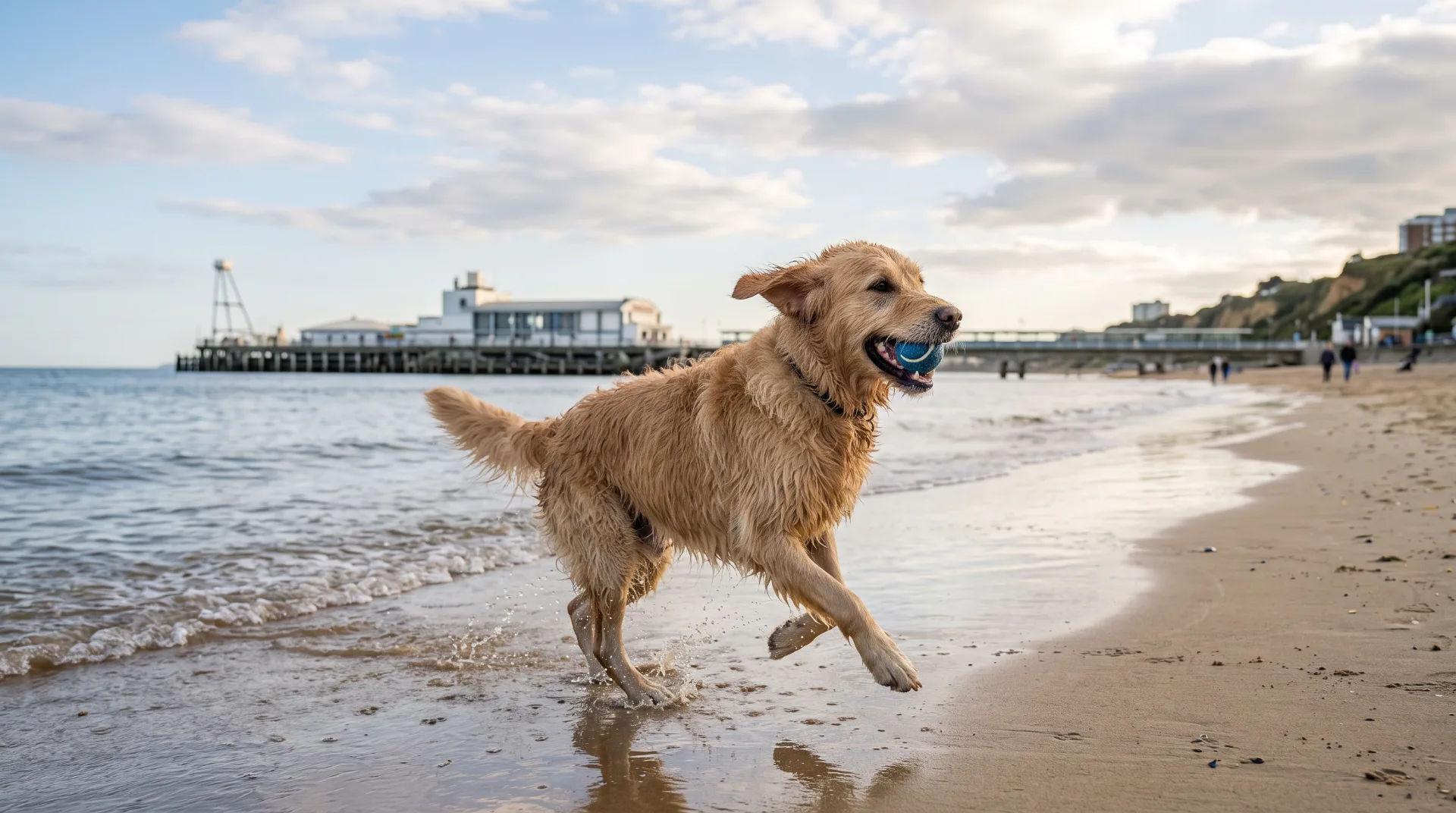 Golden retriever running on a sandy beach with a blue ball in its mouth, pier in the background