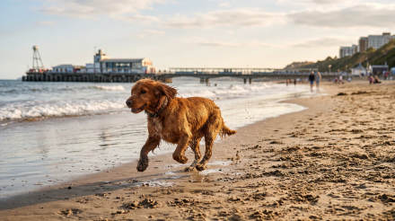 A golden retriever running on the beach near the pier