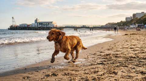 A golden retriever running on the beach near Bournemouth Pier