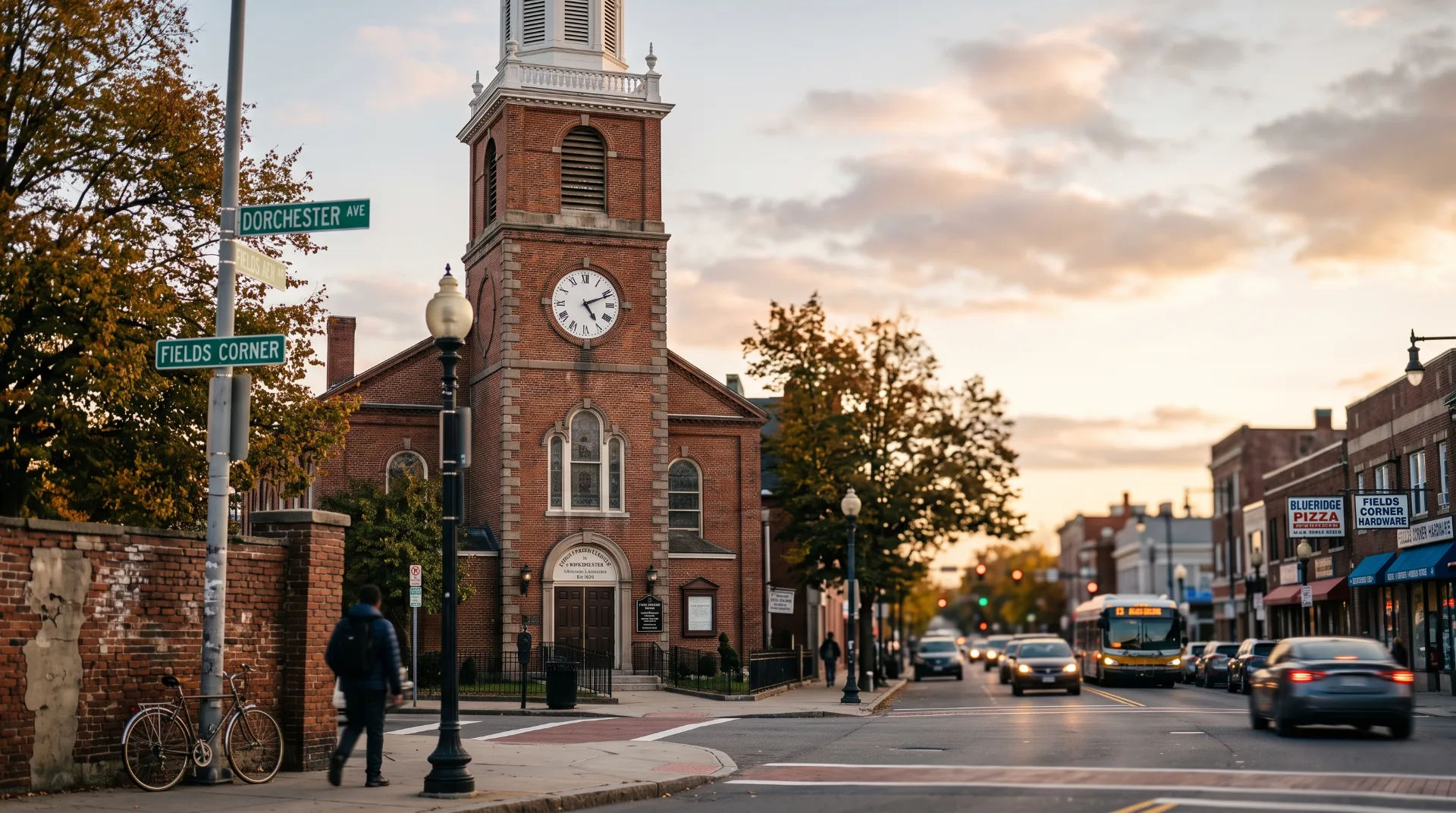 A clock tower building at the intersection of Dorchester Avenue and Fields Corner, with cars and pedestrians nearby.