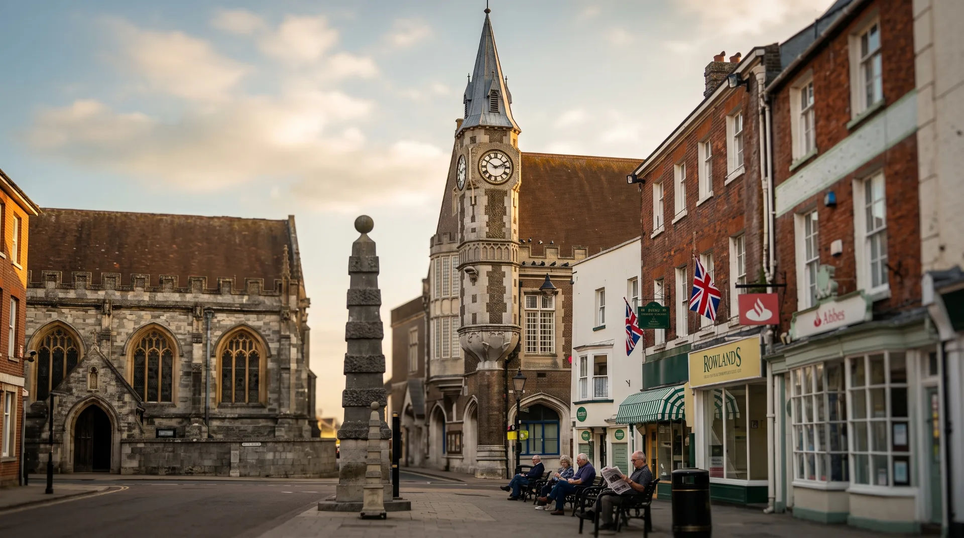 Historic buildings and a clock tower in Dorchester, with people sitting on benches and flags hanging from shops.