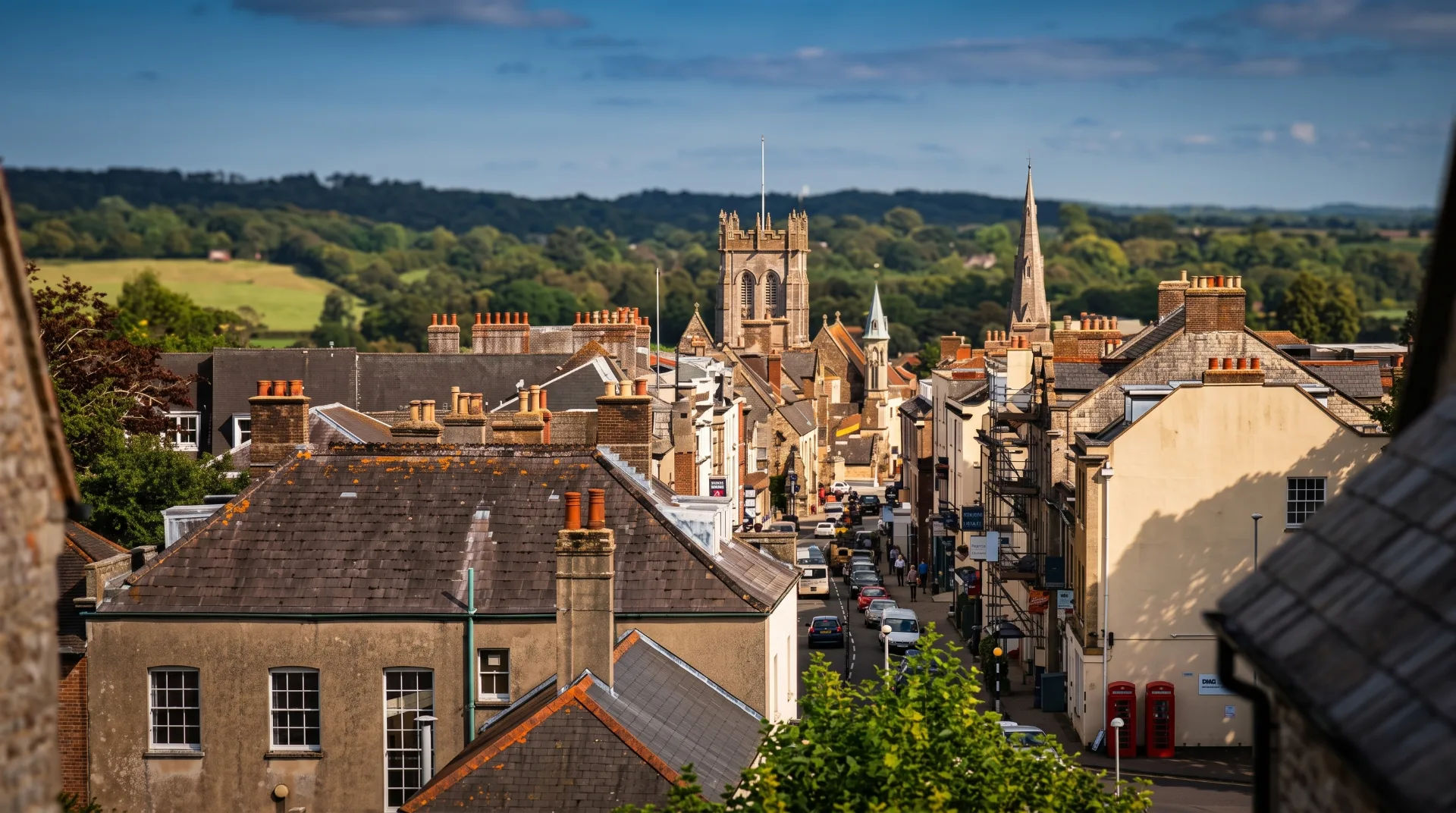A view of Dorchester's rooftops with a church tower in the background and green hills beyond.