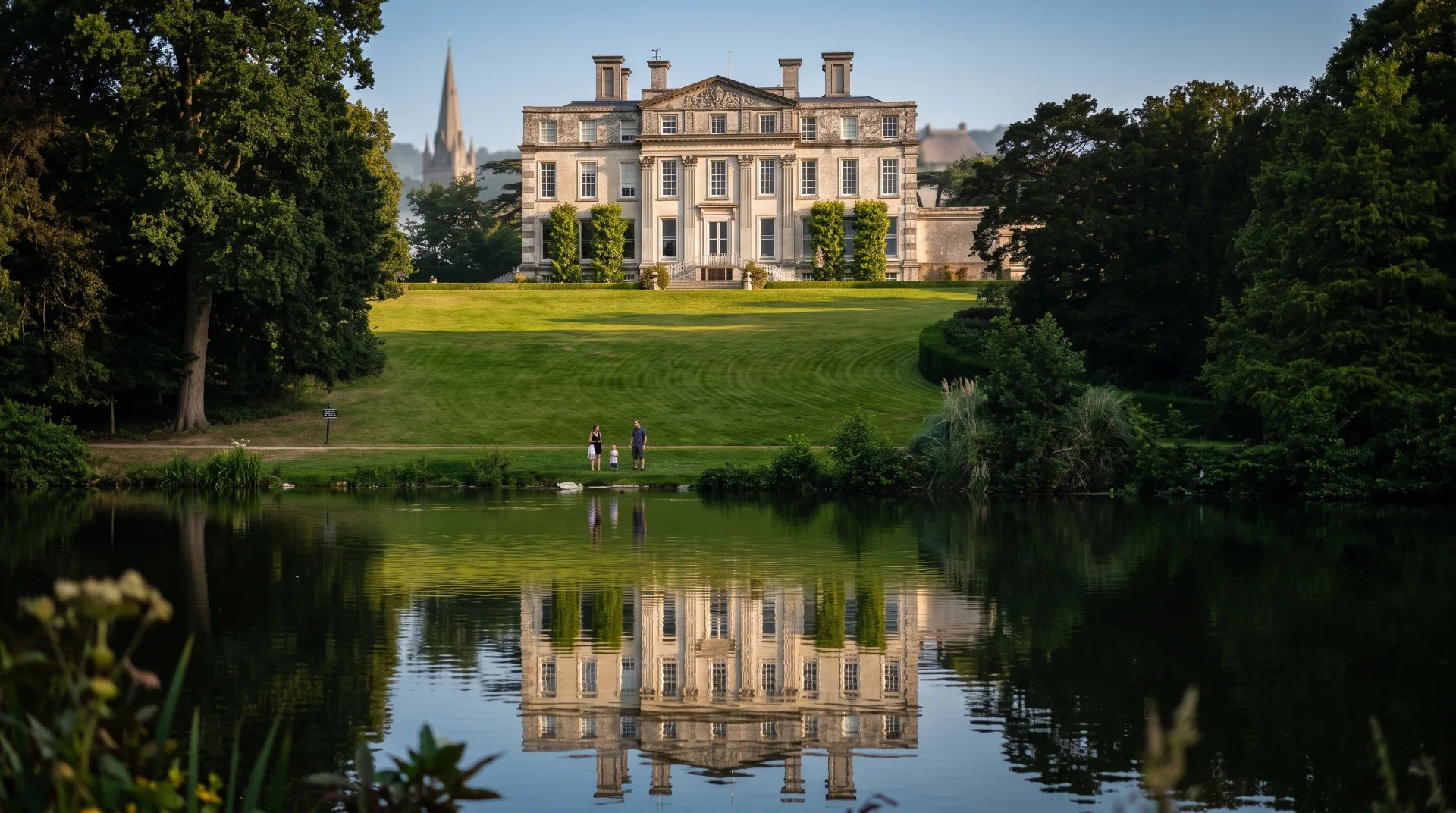 A grand Georgian building reflected in a serene lake, surrounded by lush greenery and trees.