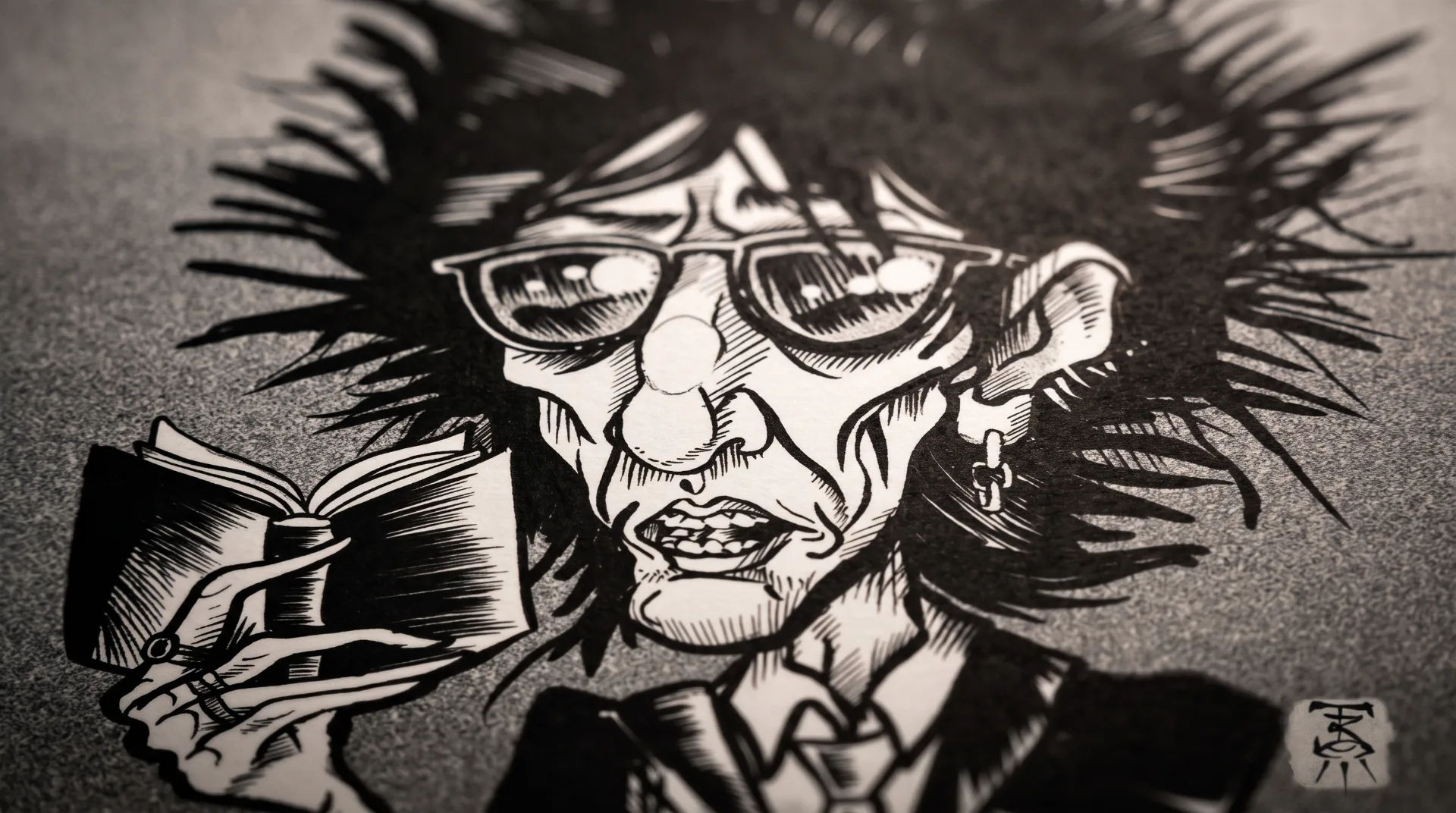 A stylised illustration of a man with spiky hair and sunglasses, holding an open book