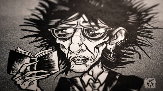 A detailed illustration of a character with spiky hair and sunglasses holding a book