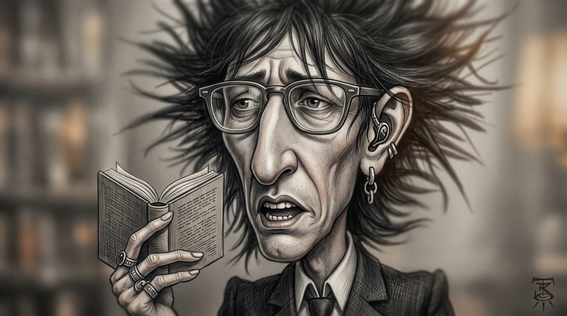 A caricature of a man with spiky hair, glasses, and a book, looking intense and expressive.