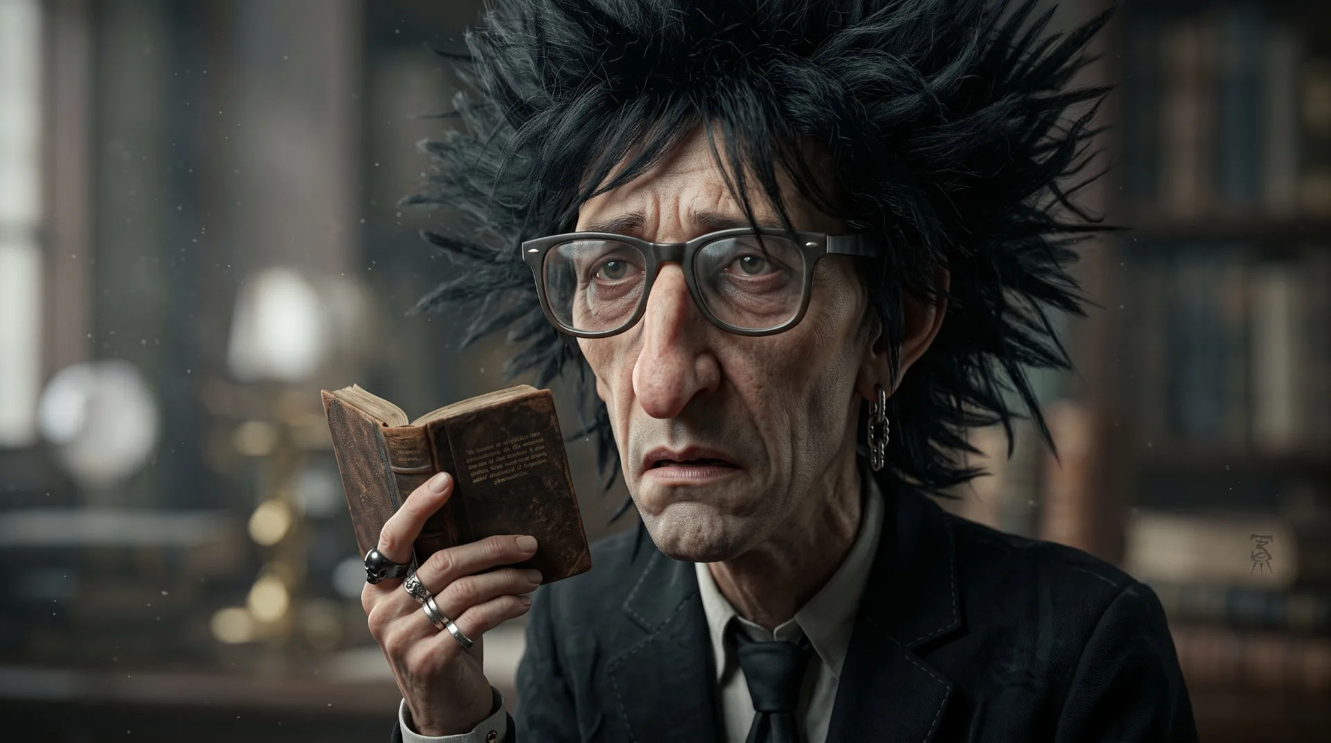 A person with spiky black hair and glasses, holding an old book, looking serious in a dimly lit setting