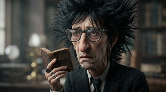 A man with spiky black hair and glasses holding a small book