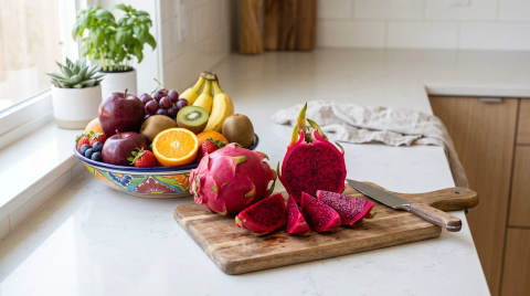 A variety of fruits including dragon fruit, apples, and bananas on a countertop