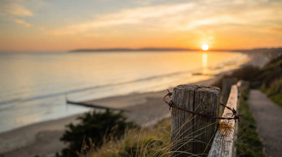 Wooden post with barbed wire at sunset overlooking the coast