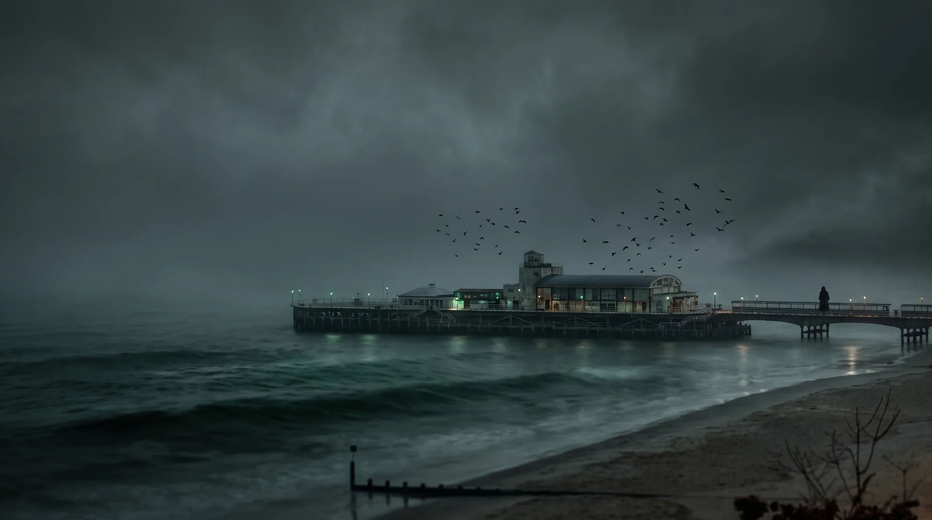 A dark, moody view of a pier with a figure walking, surrounded by stormy skies and waves.