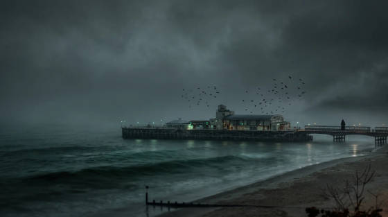 Bournemouth Pier under dark clouds with waves and birds