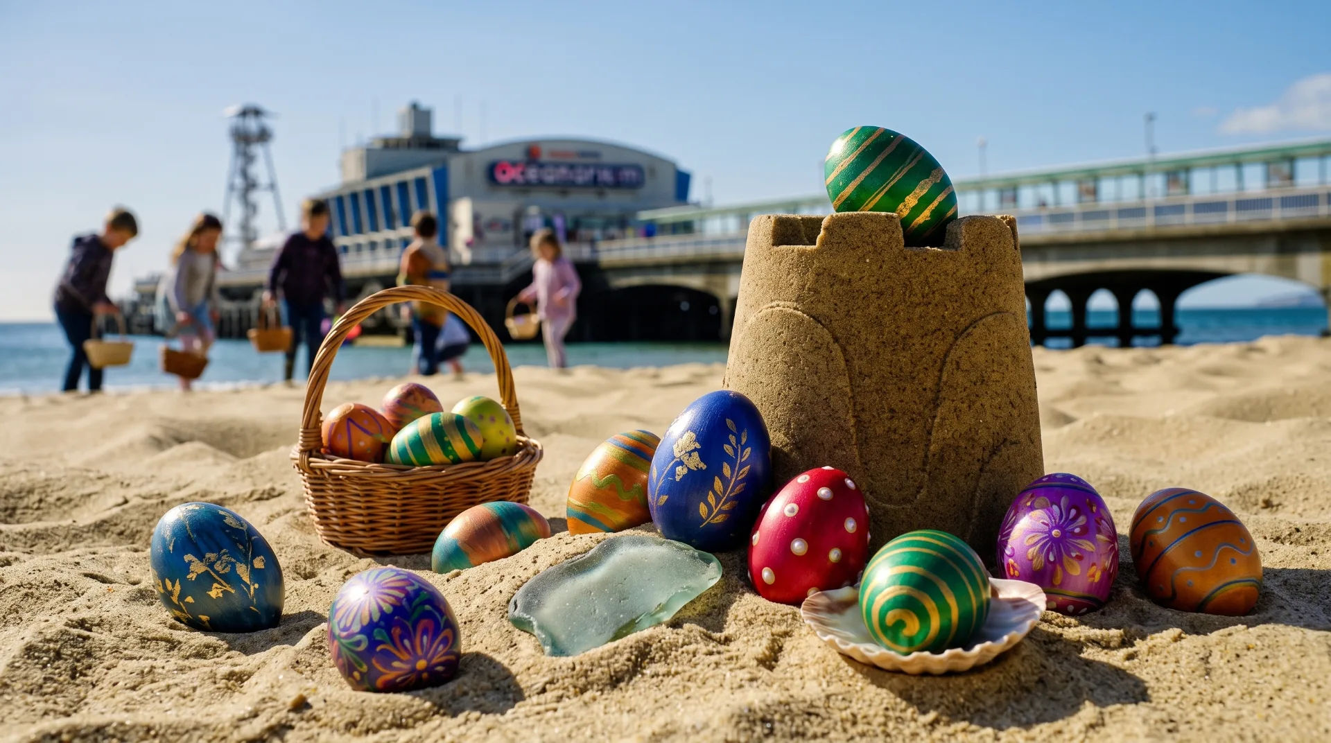 Colourful Easter eggs scattered on the sandy beach with a sandcastle and children in the background collecting eggs.