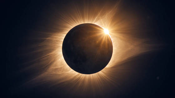 Solar eclipse showing the moon partially covering the sun with rays of light
