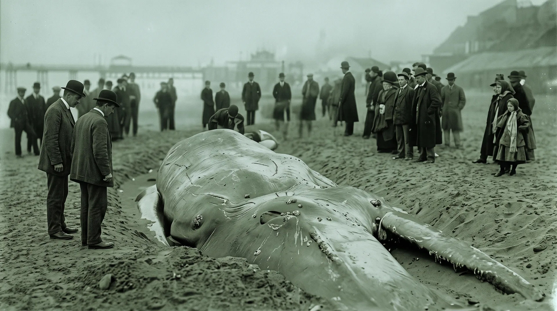 Two men in bowler hats examine a stranded blue whale on Boscombe Beach, surrounded by a crowd in historical attire.