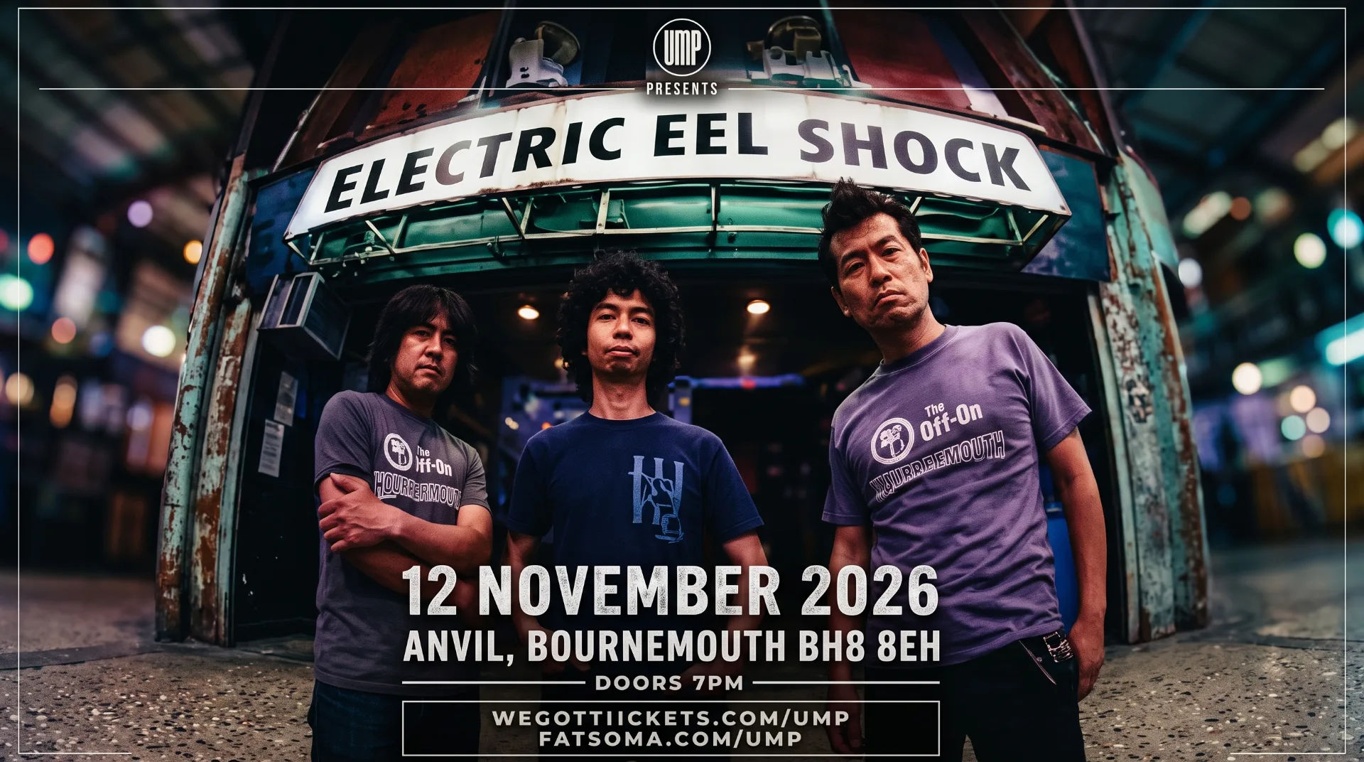 Three musicians stand in front of The Anvil, promoting the Electric Eel Shock concert in November 2026.