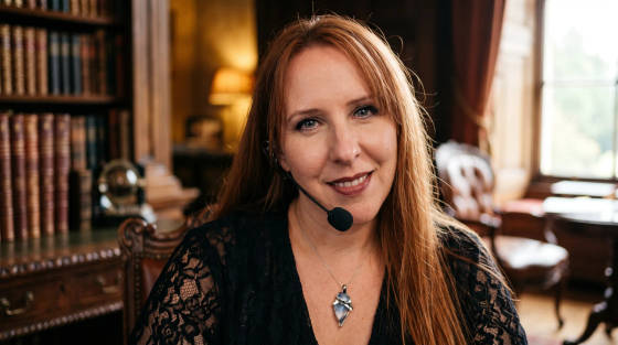 Woman with long hair wearing a headset in front of bookshelves