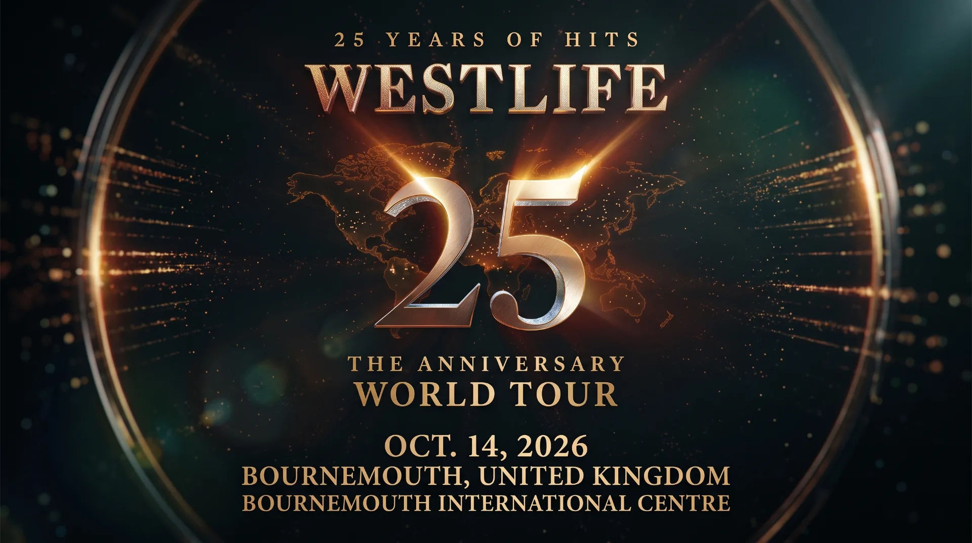 Promotional graphic for Westlife's 25th Anniversary World Tour featuring event details.