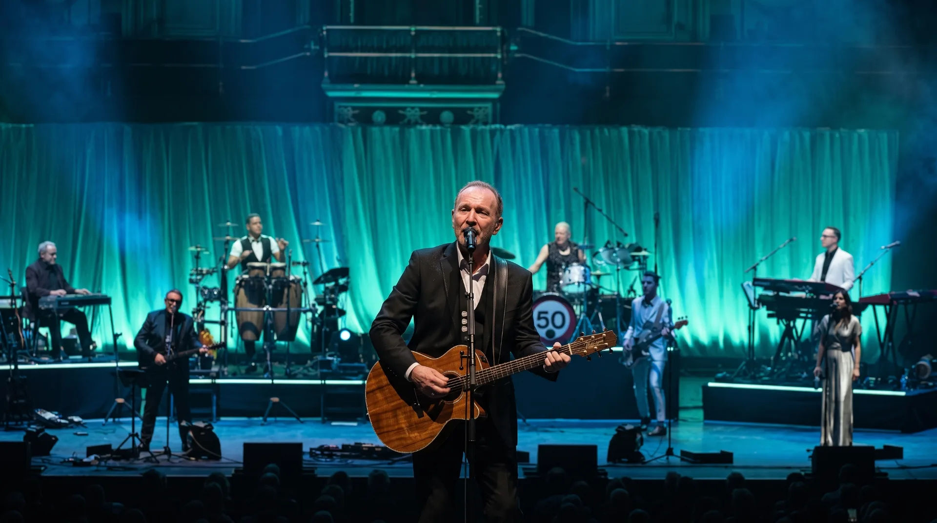 A male musician performs with an acoustic guitar on stage, surrounded by a full band and vibrant lighting.