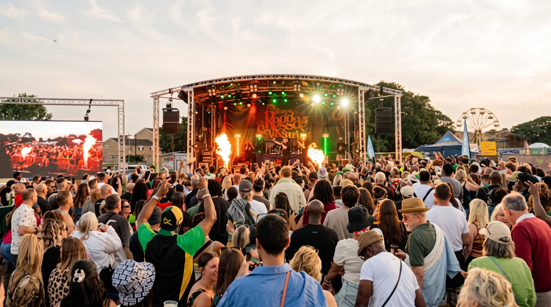 Crowd enjoying a live performance at a festival with a stage, flames, and a Ferris wheel in the background