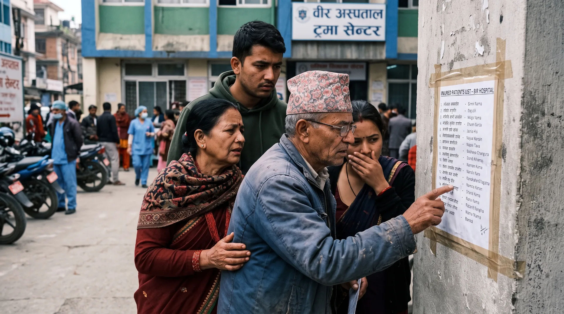 A group of four people, including an elderly man in traditional Nepali attire, examining a list on a wall.
