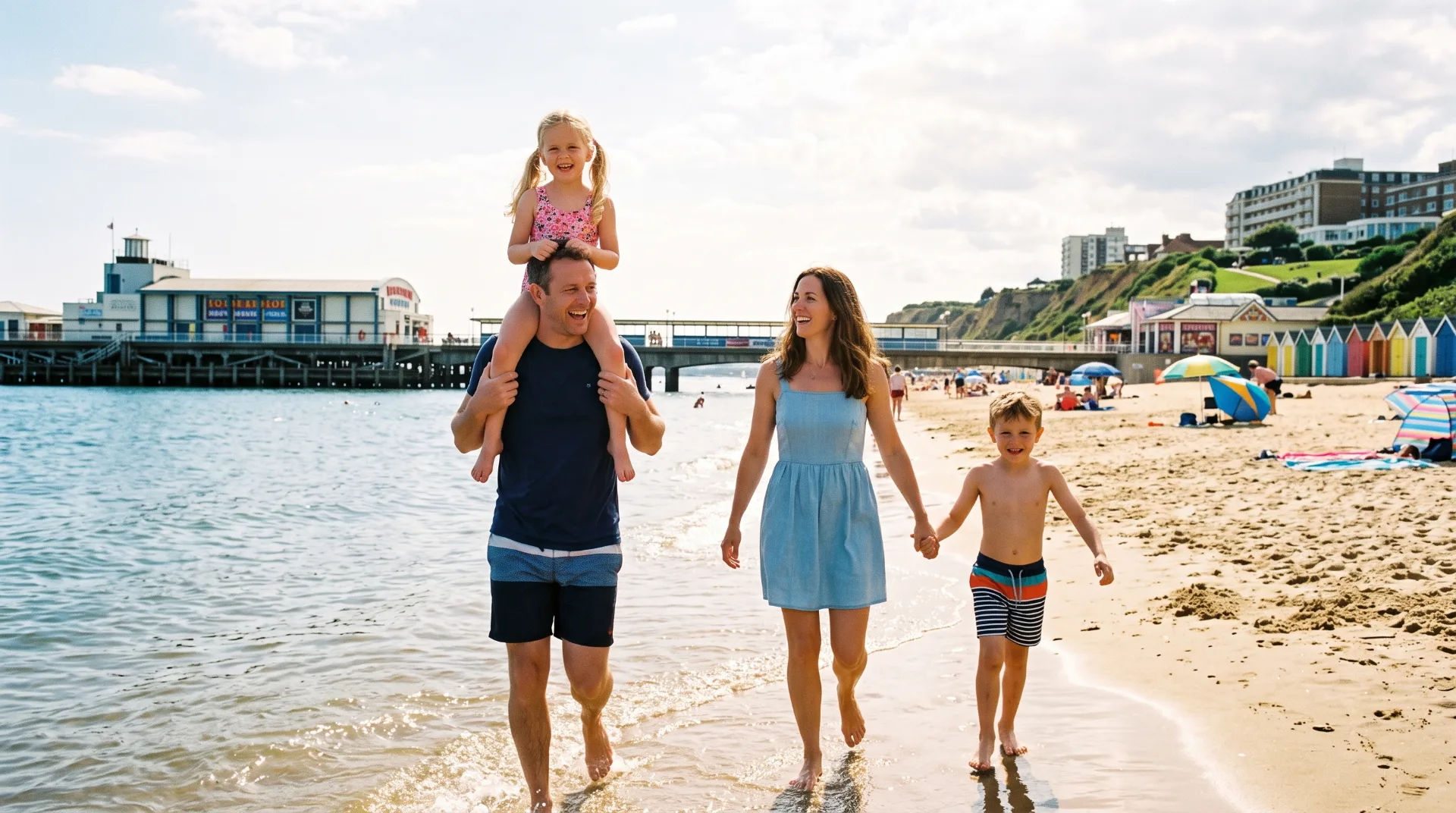 A family walks along the beach, with a girl on her father's shoulders and two children holding hands.