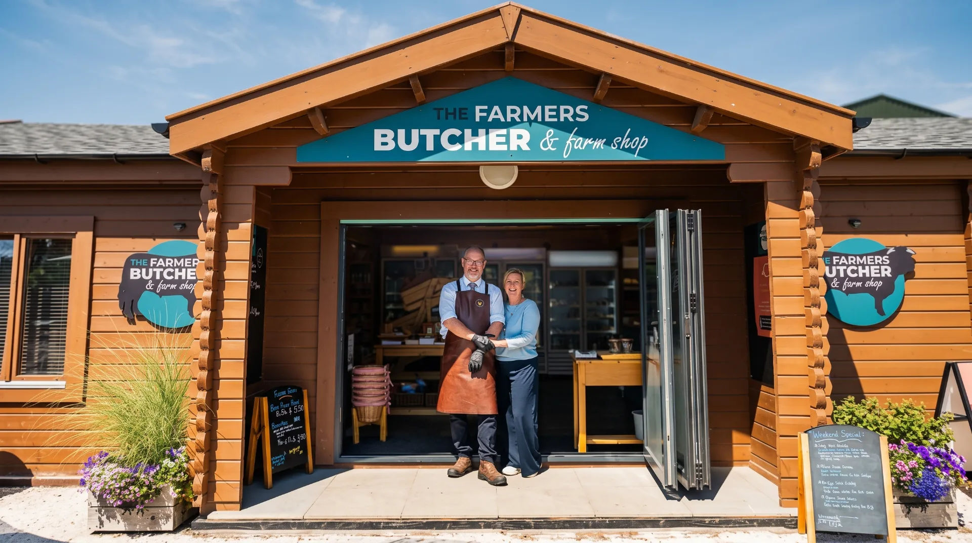 Two people stand outside The Farmers Butcher and farm shop, smiling in front of a wooden building.