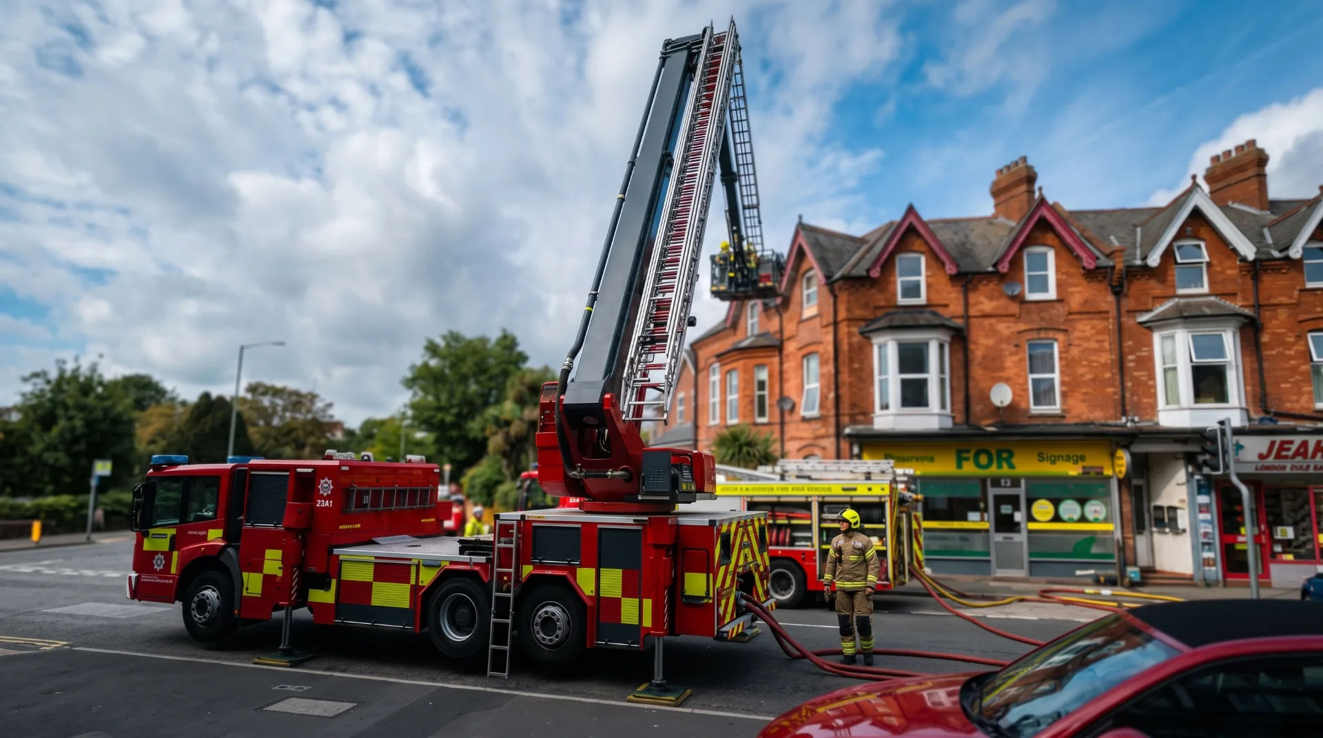 Fire engine with extended ladder at a fire scene on Holdenhurst Road, firefighters in action, shops in background